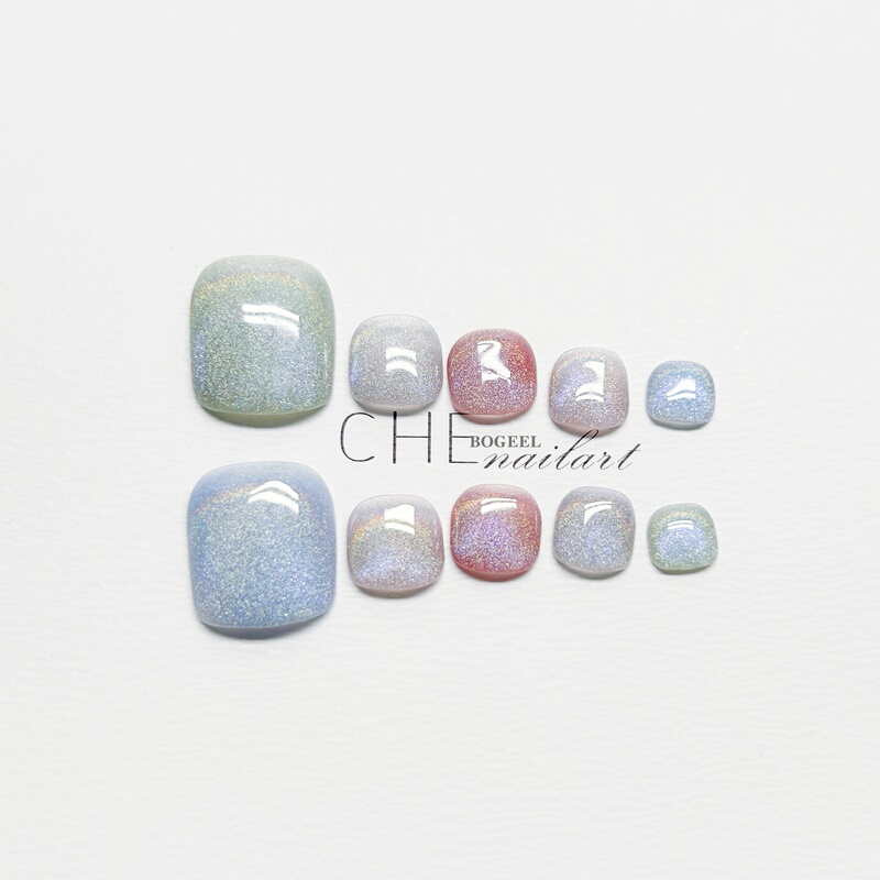 Bogeel Toenail Pieces Summer New Style Nail Art Seven-Color Rainbow Handmade Wearable Nails Dopamine Toenails Brightening Effect