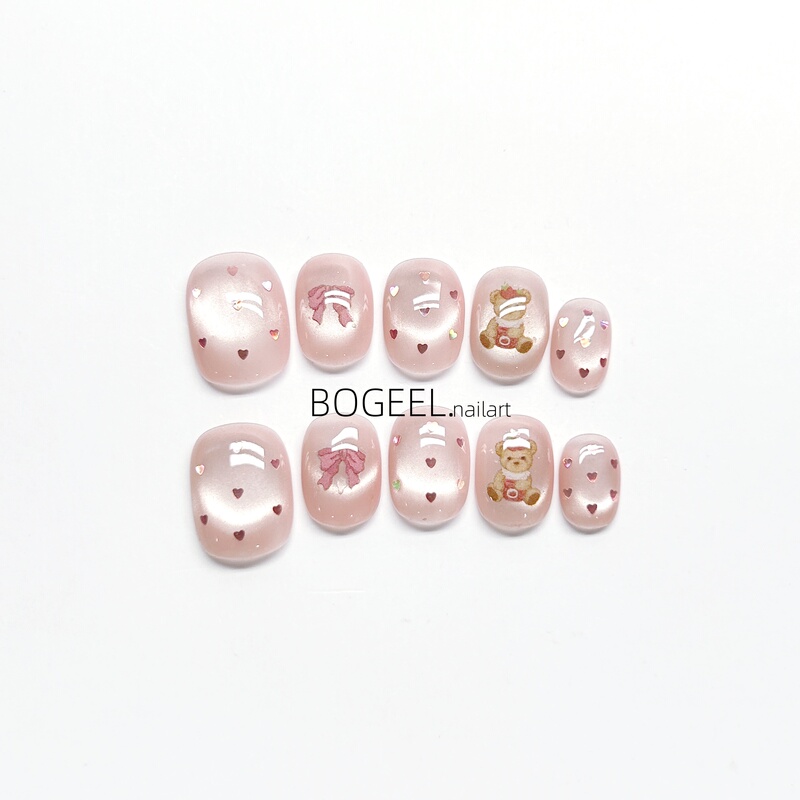 Bogeel Pure Handmade Short Nail Art with Delicate Heart-Shaped Bear and Cat Eye Nail Stickers, Sweet and Perfect for Summer