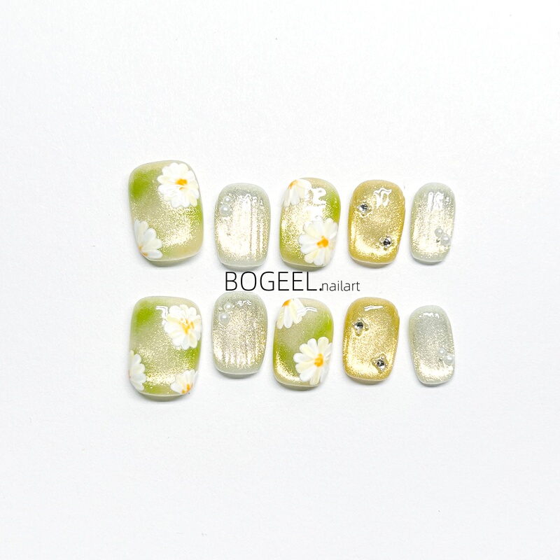 Bogeel Wearable Nails Little Daisy Pure Handmade Nail Stickers Green Cat Eye Summer Short Style Sparkling Flowers High-End Feel