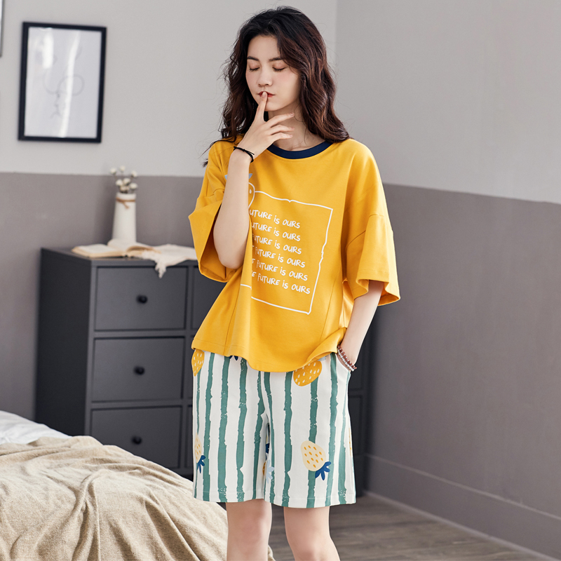 Trang chủ mặc quần short ngắn tay bộ womens giản dị đơn giản có thể mặc 2020 Hàn Quốc phiên bản của womens đồ ngủ womens mùa hè mỏng