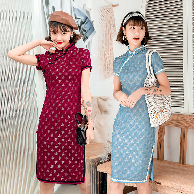 Cheongsam qipao chipao new national old old Shanghai improved cheongsam summer short -sleeved lace edge