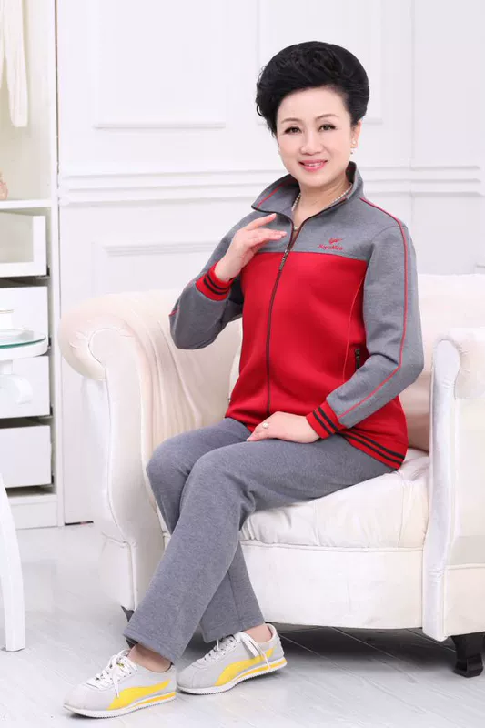 Trang phục thể thao trung niên phù hợp với nữ trung niên mặc áo khoác mùa xuân và mùa thu cộng với phân bón XL mẹ nạp - Thể thao sau