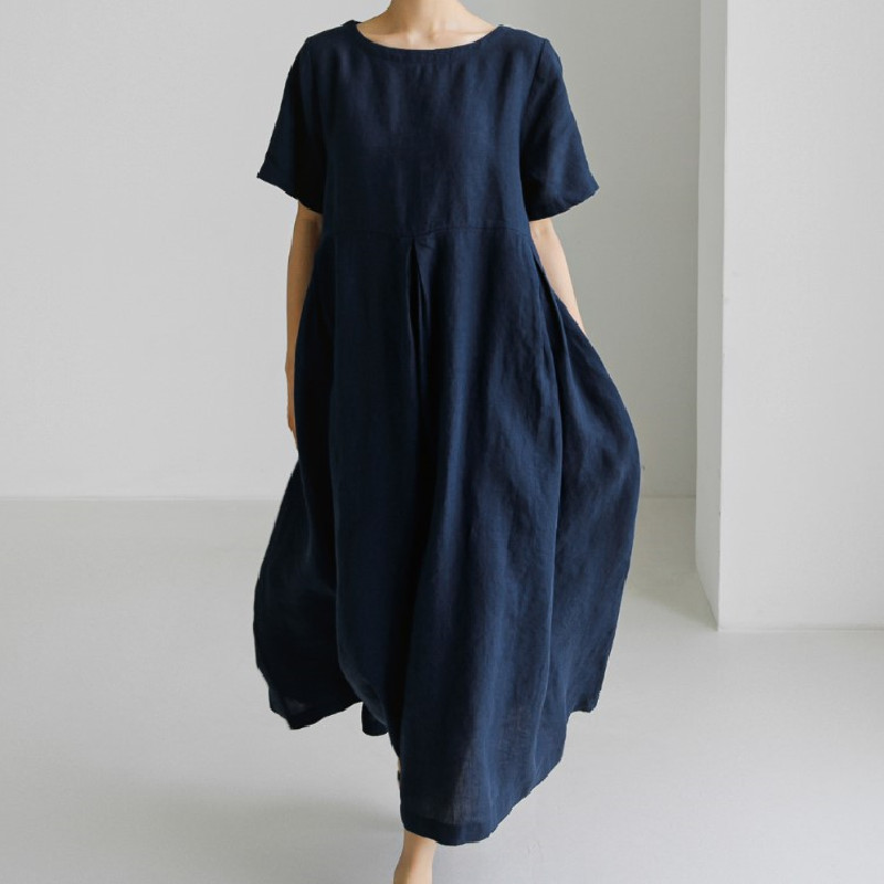 2025 New Short-Sleeved Dress for Women, Summer Korean Style, High-Waisted, Loose, Plus-Size, Cotton and Linen, Tummy-Covering, Long Dress for Chubby Women