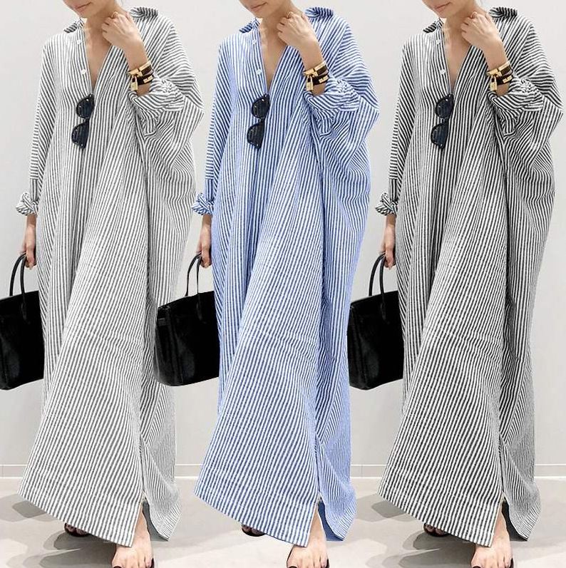 Japanese-Style Loose Plus-Size Long-Sleeve Striped Linen Cotton Shirt for Women, Spring, Plus-Size Ramie Over-The-Knee Extra-Long Dress Japanese-Style Loose Plus-Size Long-Sleeve Striped Linen Cotton Shirt for Women, Spring, Plus-Size Ramie Over-The-Knee Extra-Long Dress