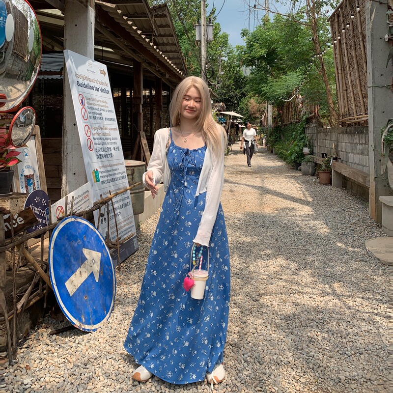 Hualuajia Plus Size Summer New Long Floral Blue Strap Dress with a Pure and Alluring Style