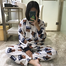 INS Cute bear Japanese pajamas womens casual fresh winter flannel loose warm home clothes set