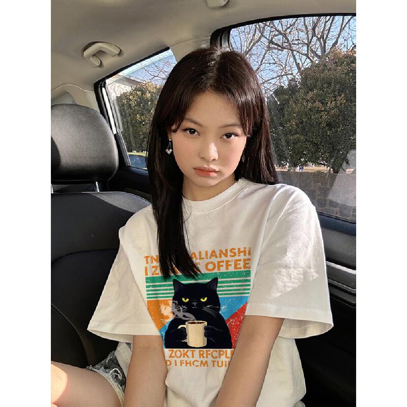 Pure Cotton American Retro White Straight-Shoulder Short-Sleeve T-Shirt for Women 2026 New Style Loose High-End Cartoon Half-Sleeve Top Pure Cotton American Retro White Straight-Shoulder Short-Sleeve T-Shirt for Women 2026 New Style Loose High-End Cartoon Half-Sleeve Top