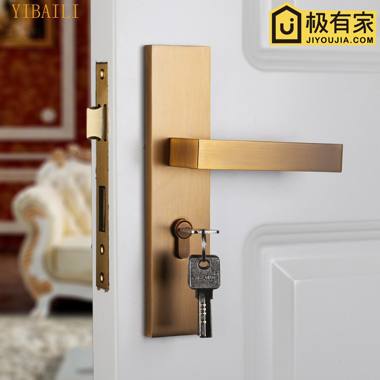 Yibaili yellow bronze door lock solid wood door handle bedroom silent lock American champagne bronze indoor door lock