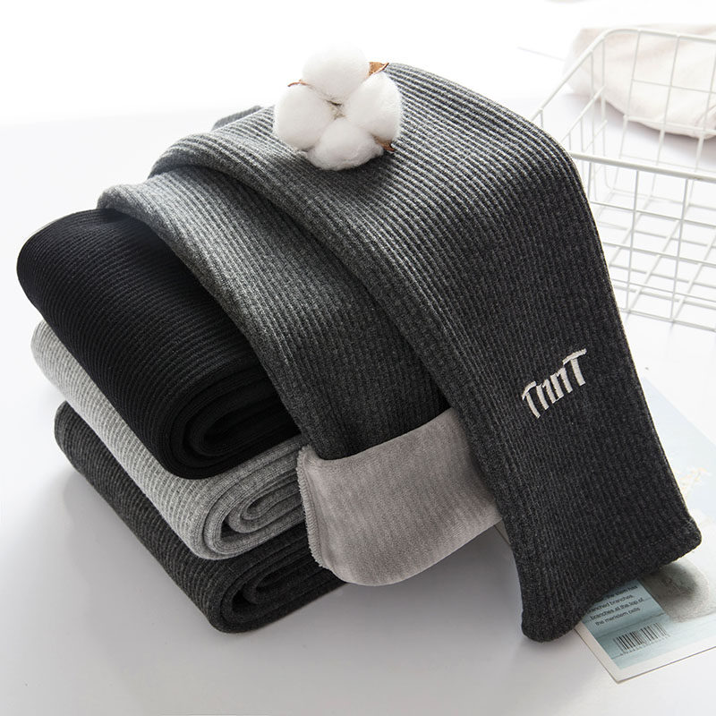 Gray underwear women's thin outer wear plus velvet thick autumn and winter pure cotton high waist vertical stripes letter thread nine-point pants