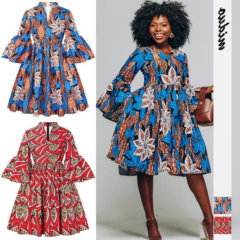 African Women's Digital Print Autumn Dress with Three-Quarter Ruffle Sleeves and Small V-Neck African Dress