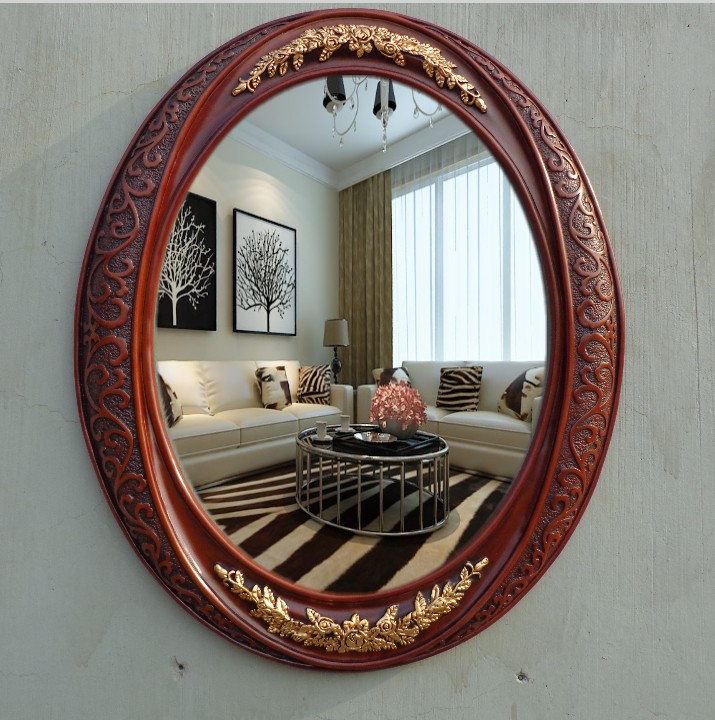 European-style bathroom mirror retro decorative mirror bathroom mirror porch mirror makeup mirror wall-mounted mirror makeup mirror wood color special-shaped