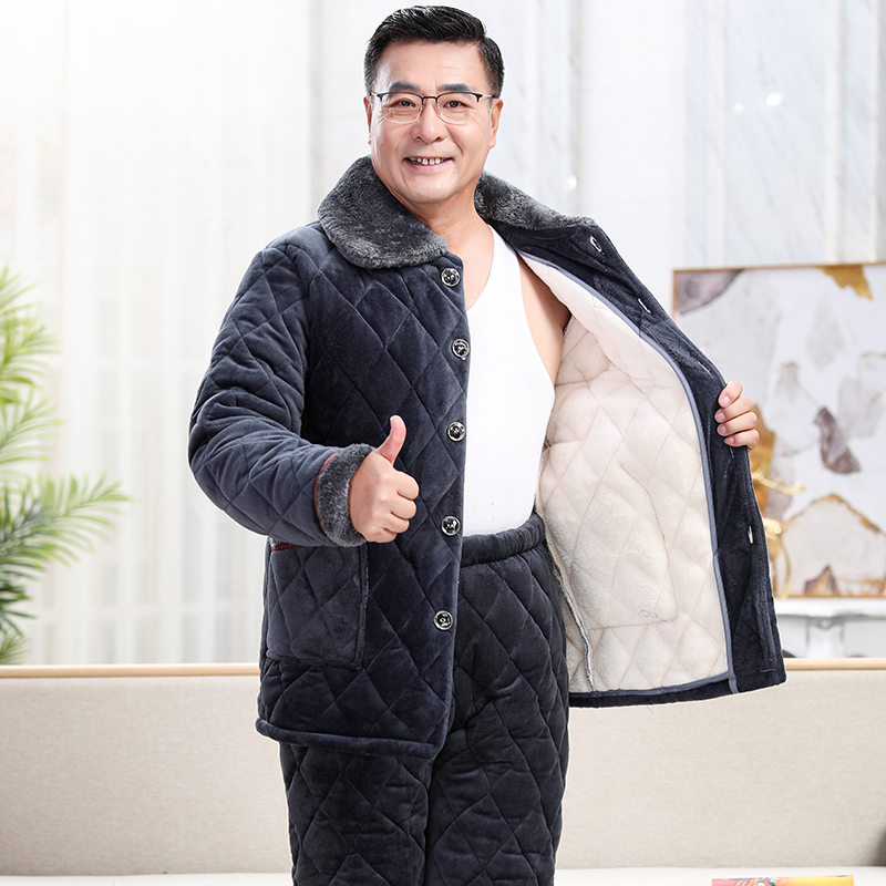 Men's Pajamas for Autumn and Winter, Three-Layer Thickened and Fleece-Lined Coral Fleece Quilted Warm Home Wear Set for Middle-Aged and Elderly Dads