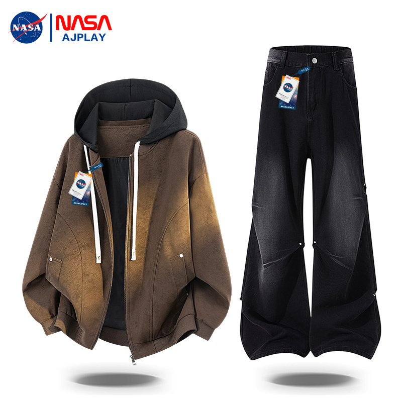 Nasaajplay American High Street Retro Fashion Leather Suit Men's Autum Hooded Leather Jacket Two-Piece Set Nasaajplay American High Street Retro Fashion Leather Suit Men's Autum Hooded Leather Jacket Two-Piece Set