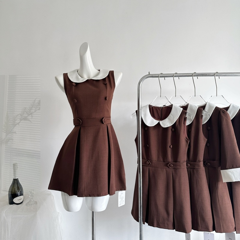 Chisansan/Ss Collection Chestnut Color Miu-Style Coffee Color Double-Breasted Peter Pan Collar Dress Sleeveless/Three-Quarter Sleeve Chisansan/Ss Collection Chestnut Color Miu-Style Coffee Color Double-Breasted Peter Pan Collar Dress Sleeveless/Three-Quarter Sleeve