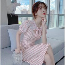 Plaid floral chiffon dress womens summer new can be sweet and salty temperament reduced age small man modified cheongsam