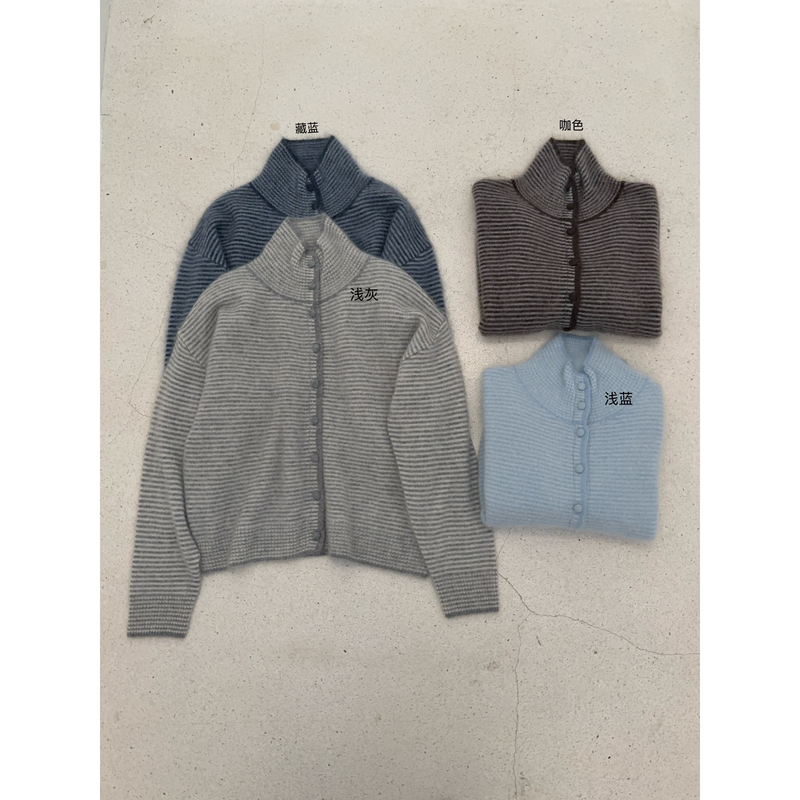 Duoduo Niche Design Winter New Arrivals: Wool, Camel Hair, Cashmere Brushed Cardigan, Striped Korean-Style High-End Warm Sweater