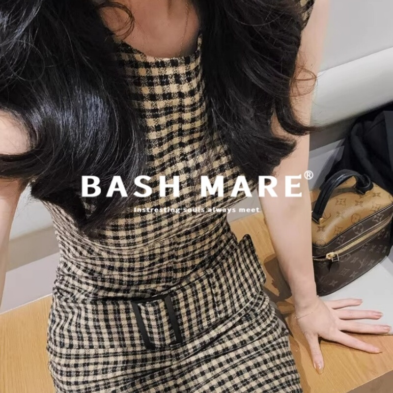 Bash Mare French Style Houndstooth Waist Tweed Dress with Waist and Hip Sleeveless Short Skirt for Women Bash Mare French Style Houndstooth Waist Tweed Dress with Waist and Hip Sleeveless Short Skirt for Women