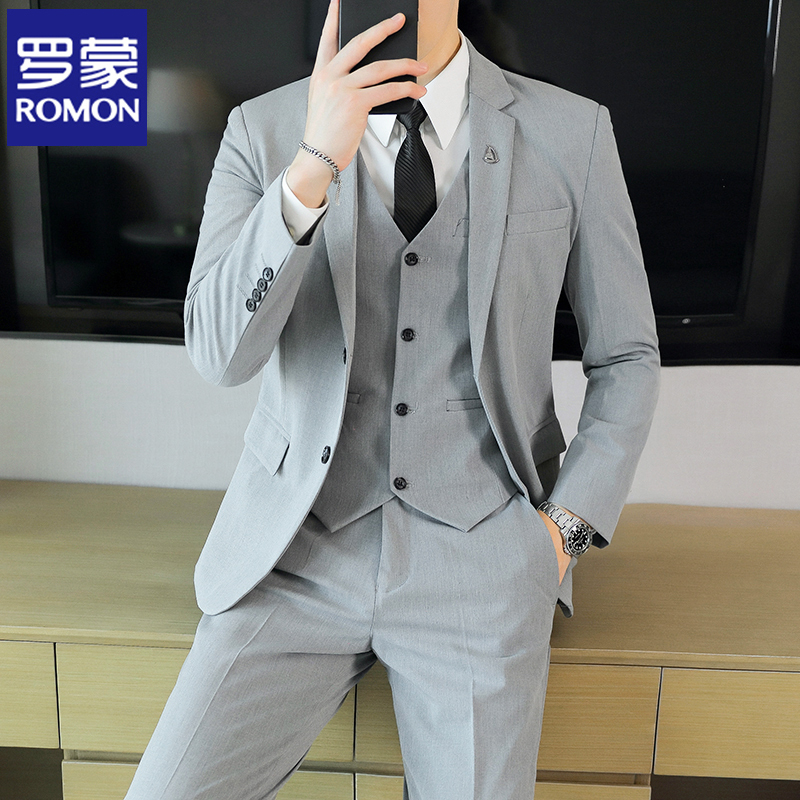 Romon Spring and Autumn Men's Suit Set Casual Formal Jacket Slim Fit Groomsmen Wedding Suit Interview Professional Suit
