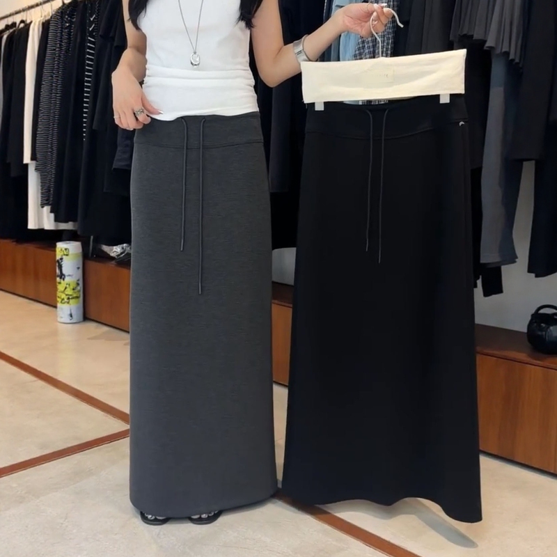 Long Skirt 2026 Summer Korean Style Versatile Slimming Elegant Drawstring Straight Slit Long Skirt for Women with Drape