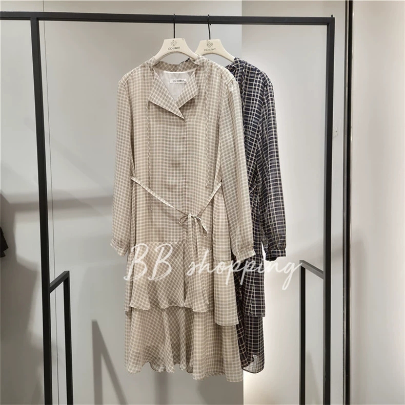Original Dan～6A058V Korean Cc Fashion Loose Casual Long Skirt with Layered Hem and Belted Plaid Dress