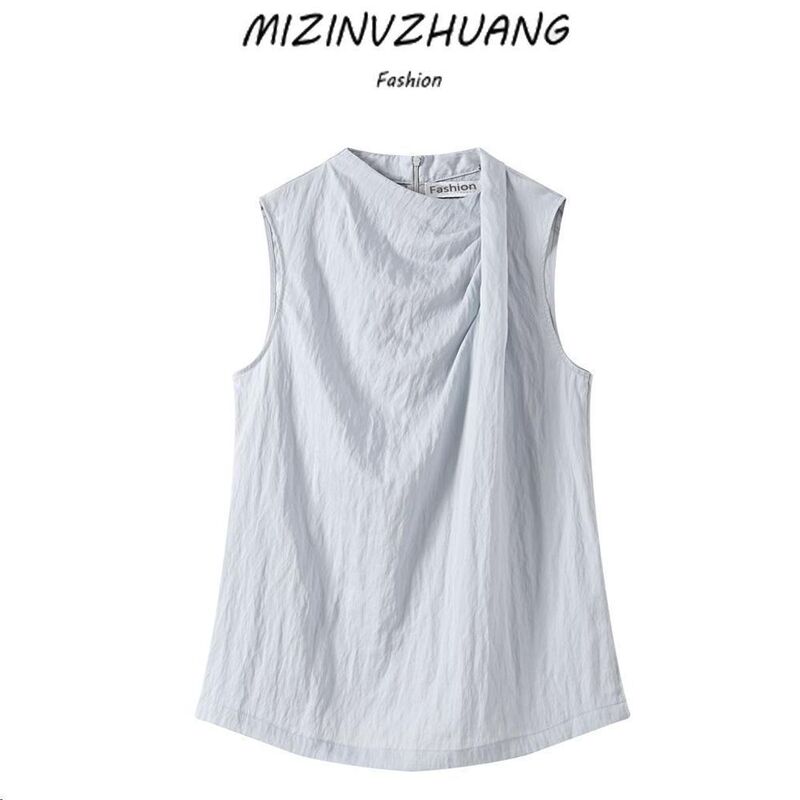 Beautiful Summer Shirt, Sleeveless, Loose, Breathable, Pure Color Zipper Vest, Chinoiserie Regular Commuter Style T-Shirt, Versatile