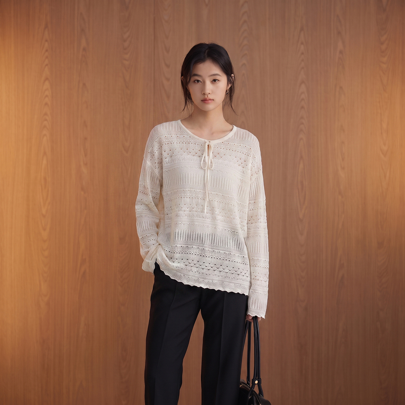 Acetate Cotton Blend Hollow Knit Top for Women, Off-White, Tie-Up Round Neck, Loose Long Sleeves, Casual, Breathable, Thin Cover-Up Acetate Cotton Blend Hollow Knit Top for Women, Off-White, Tie-Up Round Neck, Loose Long Sleeves, Casual, Breathable, Thin Cover-Up