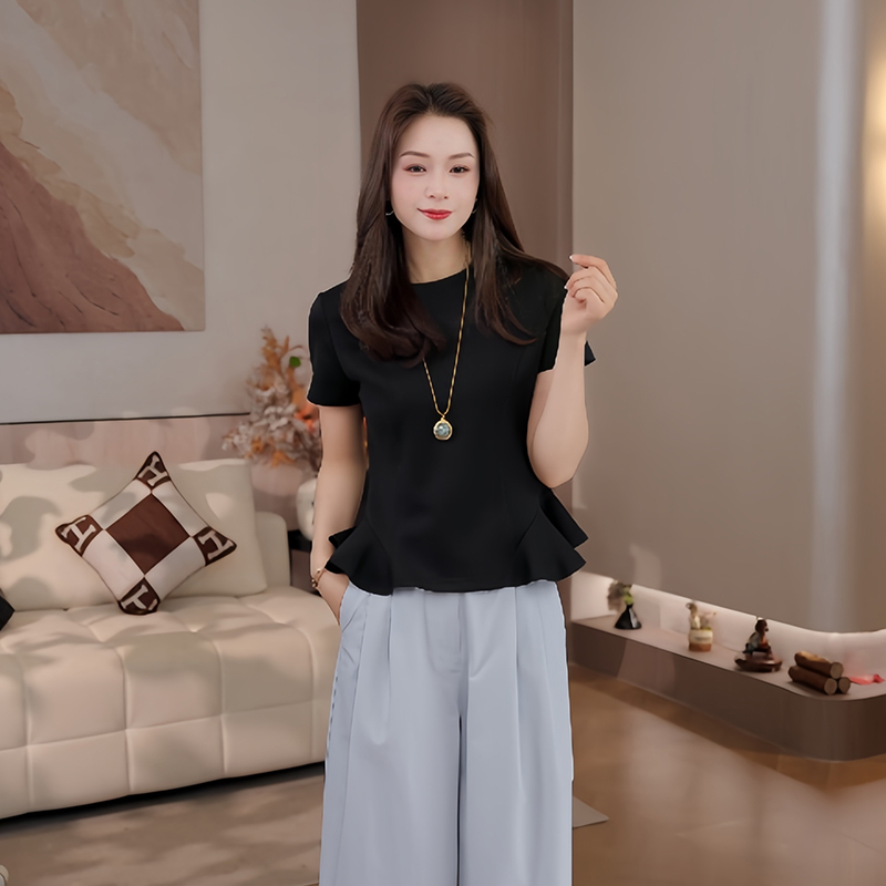 Doudou Modal Cotton T-Shirt for Women, Spring/Summer, Design with Ruffled Hem, Soft Round Neck, Slimming Short Sleeves 26Ct06