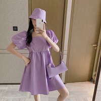 Purple dress for women summer 2020 new style French waist slimming temperament A-line skirt puff short-sleeved skirt