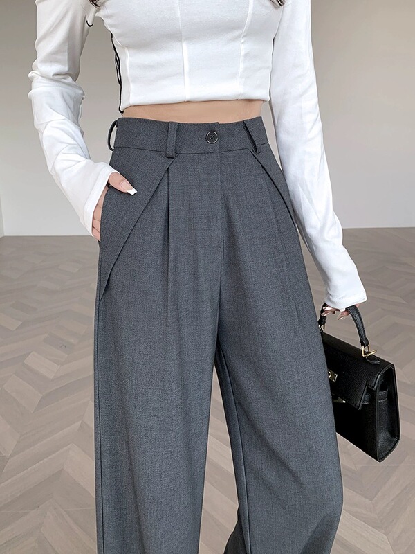 Narrow Gray Suit Pants for Women Spring and Summer 2024 New High-Waisted Tencel Wool Draped Straight Wide-Leg Pants for Small People