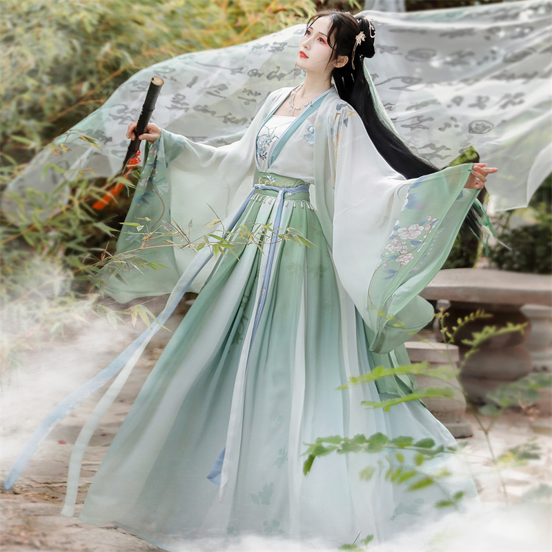Original New Hanfu {Embroidered Pattern} Chinese Style Everyday Wear for Students and Friends, Embroidered Two-Tone Fairy-Like Large Skirt for Summer and Autumn