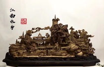 Large agarwood landscape Jiangnan water town flower and bird living room entrance hand-carved floor ornaments root carving wood carving ornaments