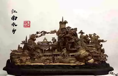 Large agarwood landscape Jiangnan water town flower and bird living room entrance hand-carved floor ornaments root carving wood carving ornaments