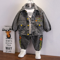 Boy denim suit spring and autumn clothing 2021 new children small children Net red handsome foreign fashion Korean version of two sets