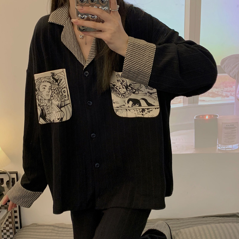 Black pajamas women's spring and autumn cotton 2022 new abstract summer plus size long-sleeved loungewear set