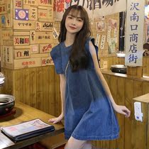 New sleeveless heart denim dress female summer 2021 New French retro little man Foreign style back loose short