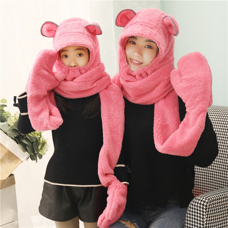 Hat female winter Korean version scarf gloves mask four-in-one suit children's parent-child thickening plush scarf hat