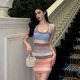 Sexy backless halter dress women's 2022 summer new Korean style gentle style hit color striped knitted hip skirt