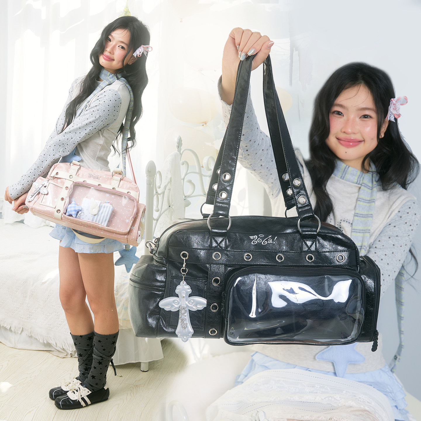 LOLA DESIGN Guardian Star Boston Ita Bag, Japanese Y2K Sweet and Cool Shoulder Bag, Large Capacity, Idol-Following Ita Layer