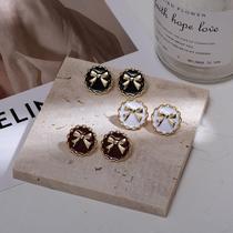 Yihao~Korean cute bow round button earrings forest style retro black and white earrings and earrings