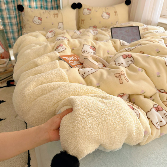 Class a milk velvet bed four-piece set 2026 new KT cat thickened warm coral velvet quilt cover bed sheet three-piece set 4