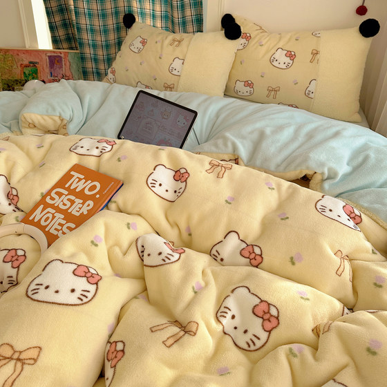 Class a milk velvet bed four-piece set 2026 new KT cat thickened warm coral velvet quilt cover bed sheet three-piece set 4