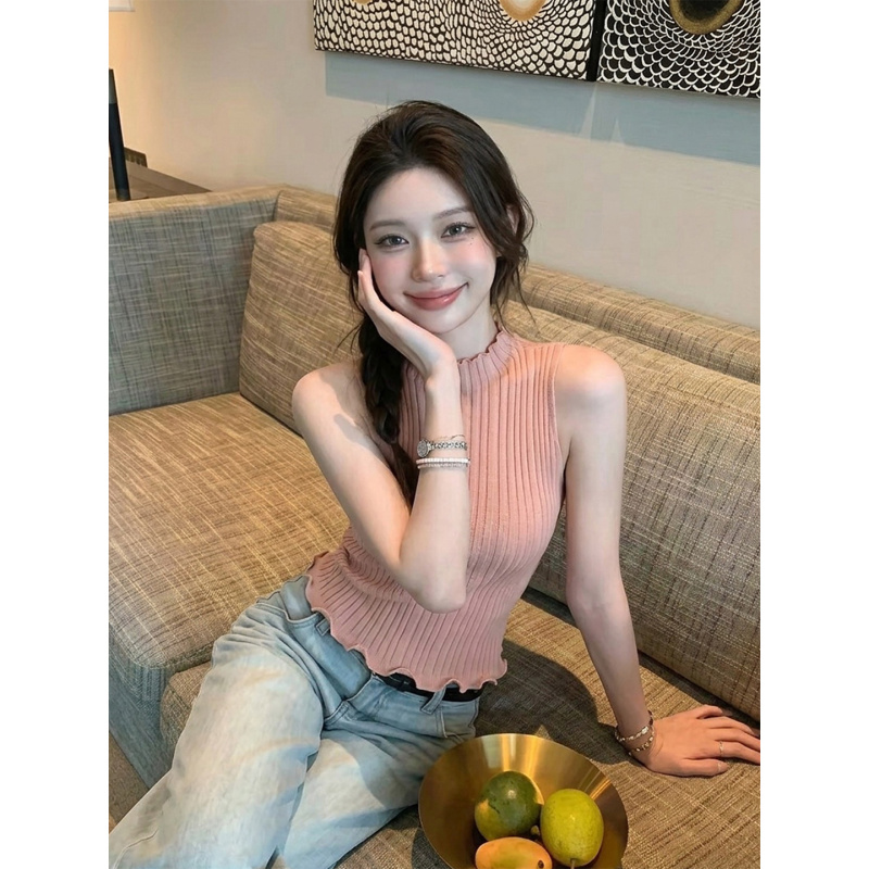 Pink Sleeveless Camisole for Women, Summer Style with Rolled Hem, Half-High Collar, Thin Knit Top in a Chic Hot Girl Style