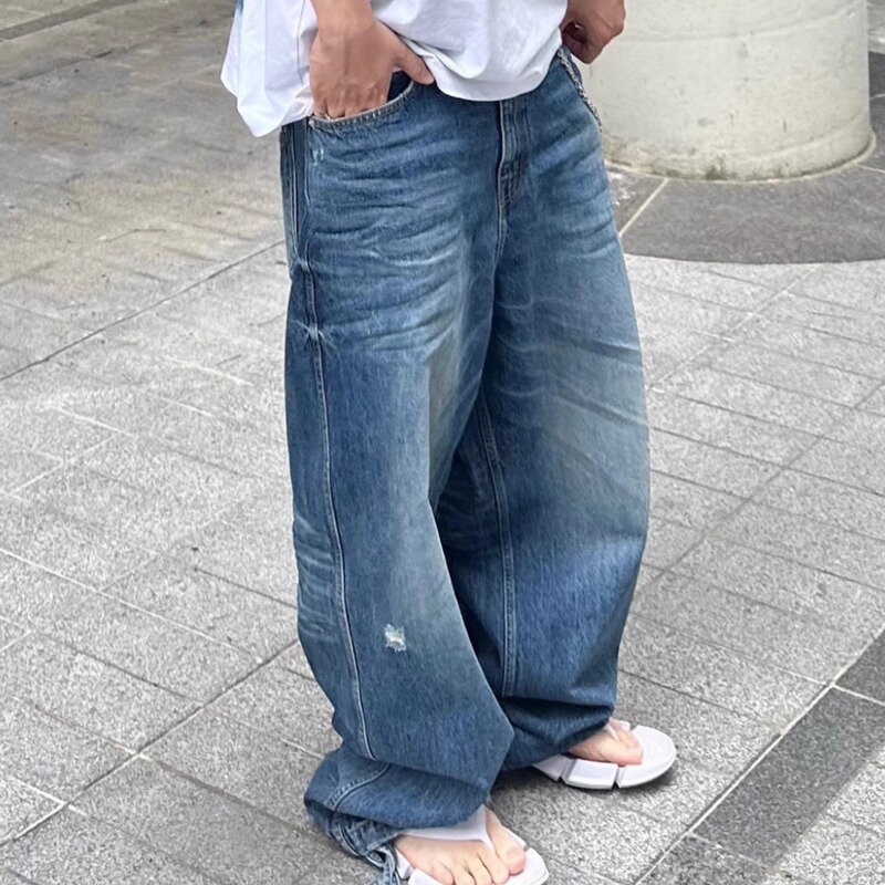 Nonnod Niche Retro Washed Crumpled Vibe Jeans with Multi-Pocket Design, Straight-Leg Versatile Casual Long Pants