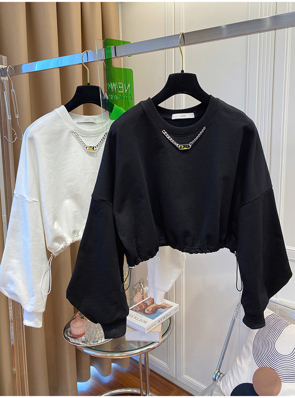 Black High-Waisted Short Sweatshirt for Women, Early Autumn, High-Waisted Thin Top, Unique Design, Drawstring Round Neck Casual Top Black High-Waisted Short Sweatshirt for Women, Early Autumn, High-Waisted Thin Top, Unique Design, Drawstring Round Neck Casual Top