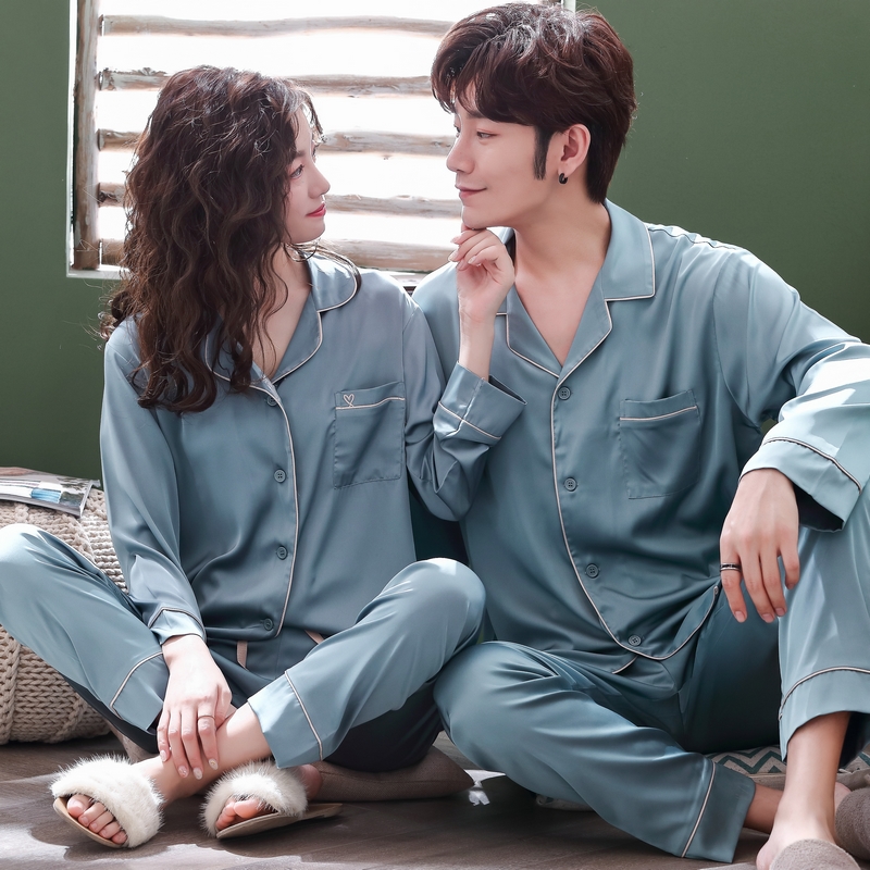 Ice silk couple pajamas men and women suit spring and autumn long sleeve marriage suit new marriage silk home clothes 2022 new style