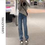 Ретро демисезонные прямые свободные джинсы, штаны, утепленные эластичные леггинсы, подходит для подростков, по фигуре, свободный крой