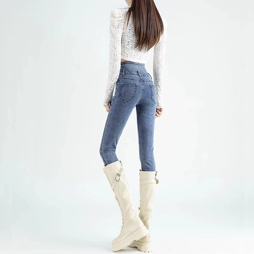 Ретро джинсы, демисезонные утепленные штаны, эластичный карандаш, высокая талия, подходит для подростков, в обтяжку