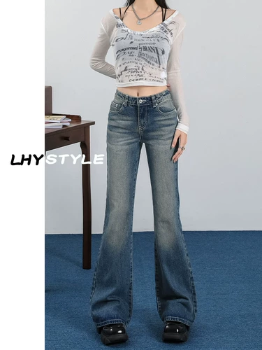 Ретро мегафон, джинсы, осенние штаны, дизайнерские приталенные леггинсы, в американском стиле, коллекция 2023, новая коллекция