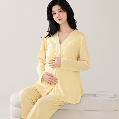 Spring and Autumn Cloud-Like Pure Cotton Maternity Pajamas with Chest Pads, Simple Postpartum Maternity Wear, Summer Thin Style Nursing Sleepwear for — 2