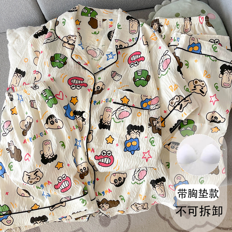 Japanese-Style Dynamic Superhero Pajamas with Chest Pads, Plus-Size Women's Summer Short-Sleeve Cloud-Pattern Pure Cotton Gauze Cute Little Three-Piece Set